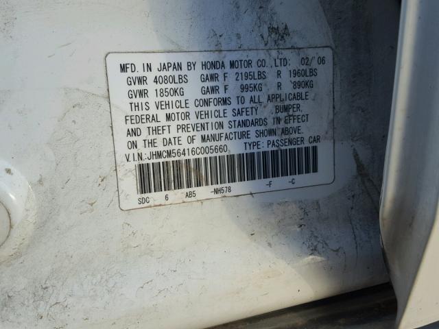 JHMCM56416C005660 - 2006 HONDA ACCORD LX WHITE photo 10