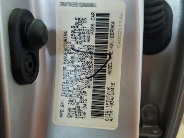 5YFBU4EE5DP200392 - 2013 TOYOTA COROLLA BA SILVER photo 10