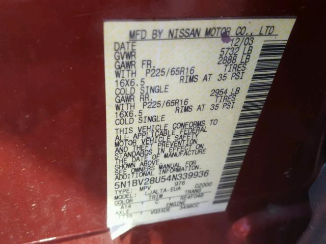 5N1BV28U54N339936 - 2004 NISSAN QUEST S RED photo 10