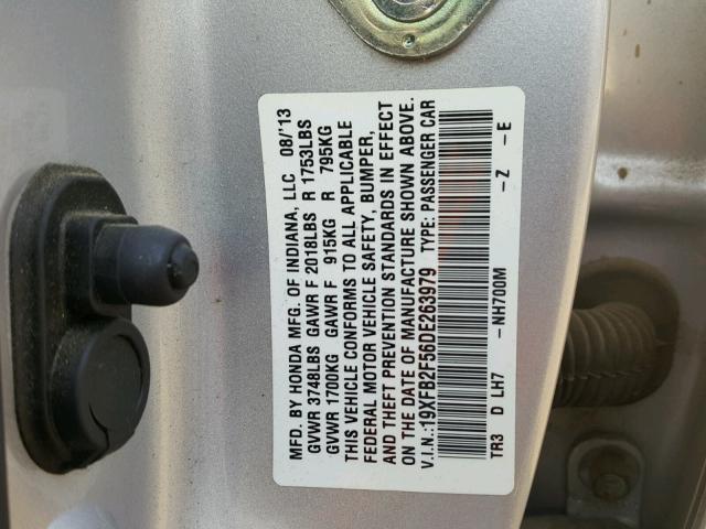 19XFB2F56DE263979 - 2013 HONDA CIVIC LX SILVER photo 10