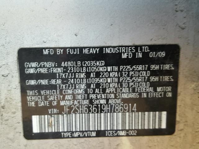 JF2SH63619H786914 - 2009 SUBARU FORESTER 2 SILVER photo 10