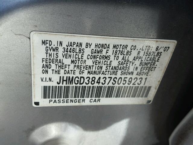 JHMGD38437S059231 - 2007 HONDA FIT GRAY photo 10