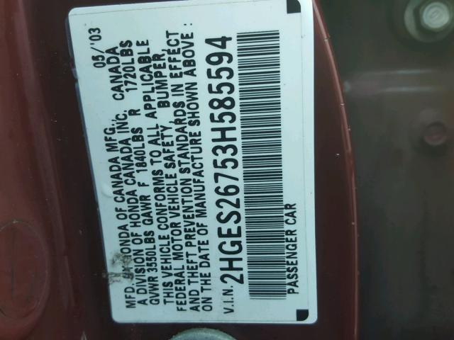 2HGES26753H585594 - 2003 HONDA CIVIC EX RED photo 10