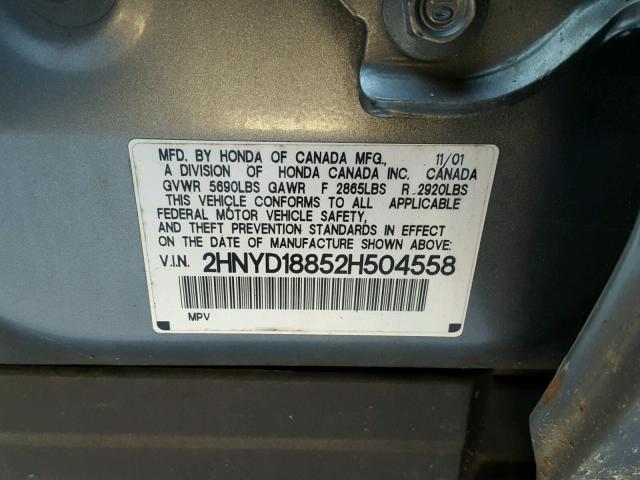 2HNYD18852H504558 - 2002 ACURA MDX TOURIN GRAY photo 10