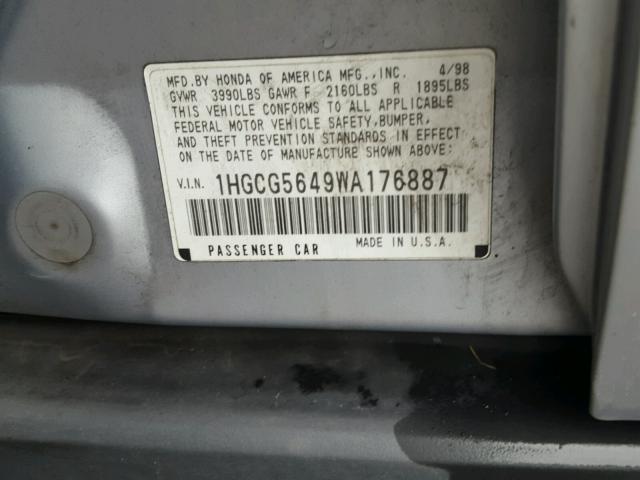 1HGCG5649WA176887 - 1998 HONDA ACCORD LX SILVER photo 10