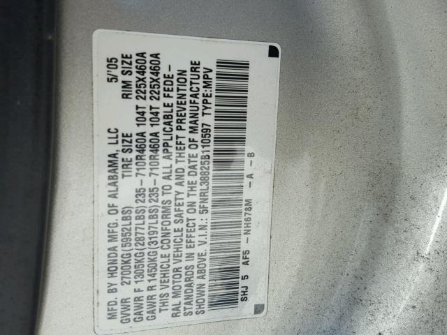 5FNRL38825B110597 - 2005 HONDA ODYSSEY TO SILVER photo 10