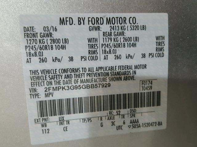 2FMPK3G95GBB57929 - 2016 FORD EDGE SE GRAY photo 10