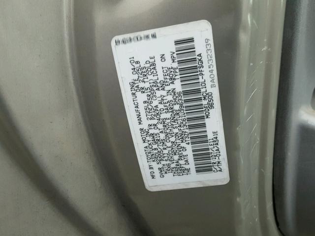 4T3ZF13C61U396336 - 2001 TOYOTA SIENNA LE SILVER photo 10