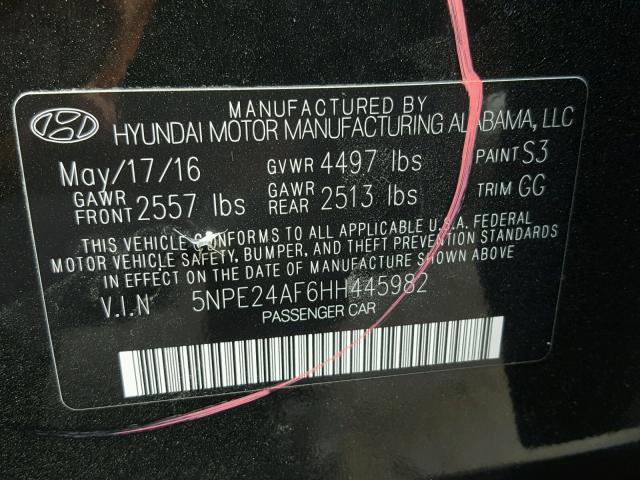 5NPE24AF6HH445982 - 2017 HYUNDAI SONATA SE BLACK photo 10