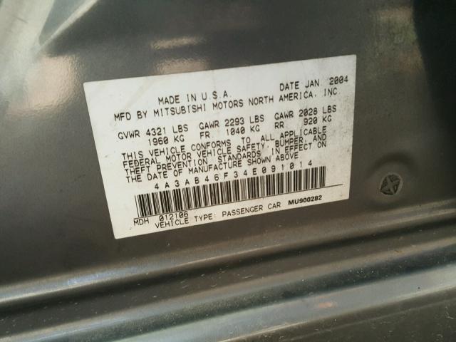 4A3AB46F34E091014 - 2004 MITSUBISHI GALANT ES GRAY photo 10