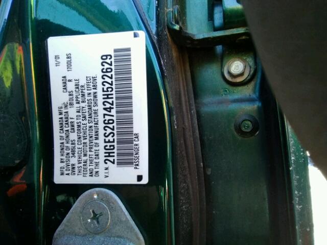 2HGES26742H522629 - 2002 HONDA CIVIC EX GREEN photo 10