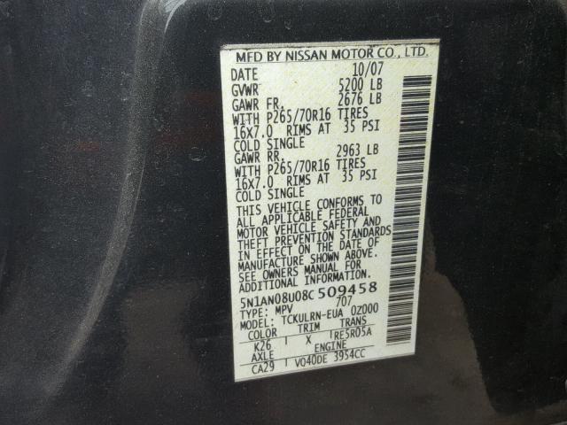 5N1AN08U08C509458 - 2008 NISSAN XTERRA OFF GRAY photo 10