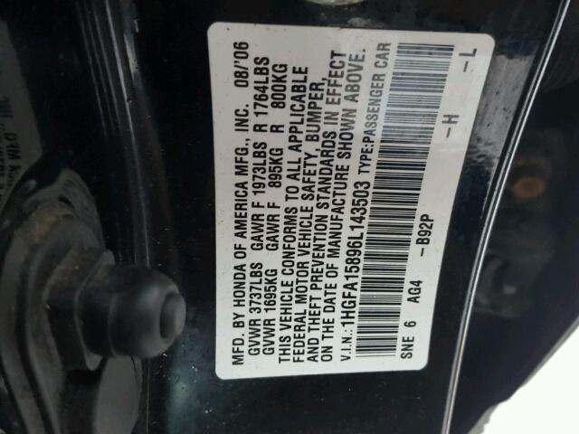 1HGFA15896L143503 - 2006 HONDA CIVIC EX 黑色 照片 10