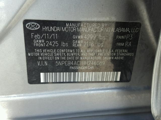 5NPEB4AC1BH246089 - 2011 HYUNDAI SONATA GLS GRAY photo 10