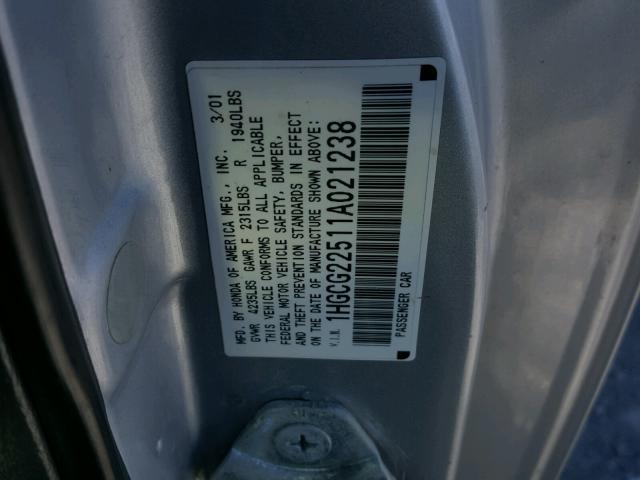 1HGCG22511A021238 - 2001 HONDA ACCORD EX SILVER photo 10