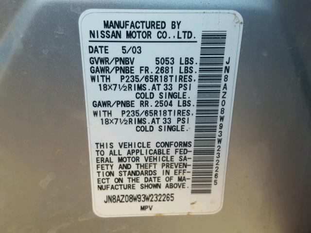 JN8AZ08W93W232265 - 2003 NISSAN MURANO SL SILVER photo 10