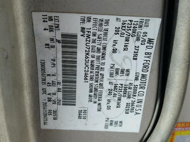 1FMZU72K63UC24661 - 2003 FORD EXPLORER X SILVER photo 10