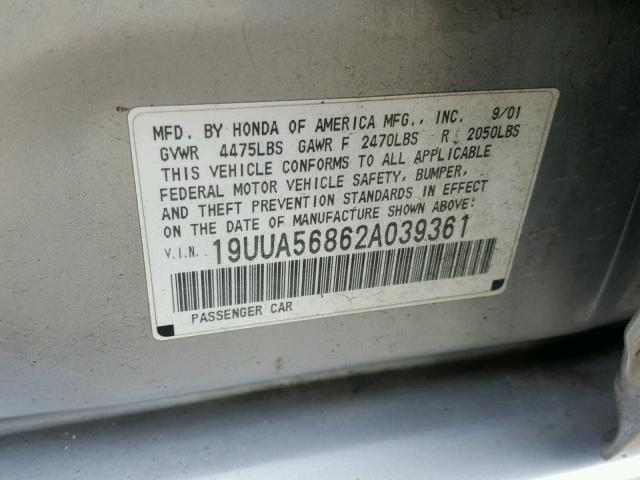 19UUA56862A039361 - 2002 ACURA 3.2TL TYPE SILVER photo 10