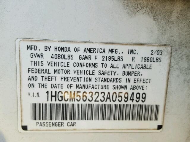 1HGCM56323A059499 - 2003 HONDA ACCORD LX WHITE photo 10