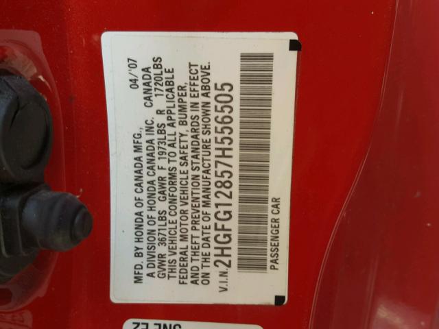 2HGFG12857H556505 - 2007 HONDA CIVIC EX 红色 照片 10