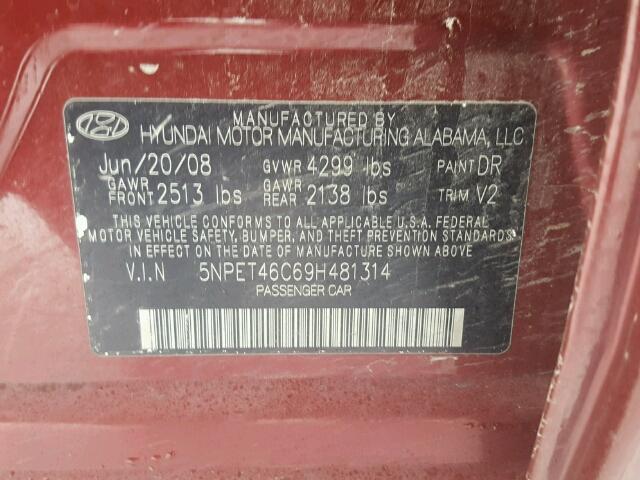 5NPET46C69H481314 - 2009 HYUNDAI SONATA GLS MAROON photo 10