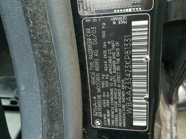 WBAAZ33423KP81331 - 2003 BMW 325 I BLACK photo 10