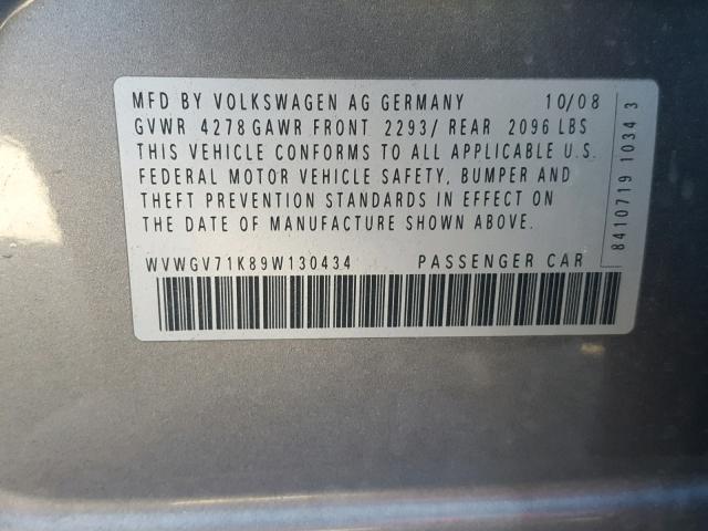 WVWGV71K89W130434 - 2009 VOLKSWAGEN GTI GRAY photo 10