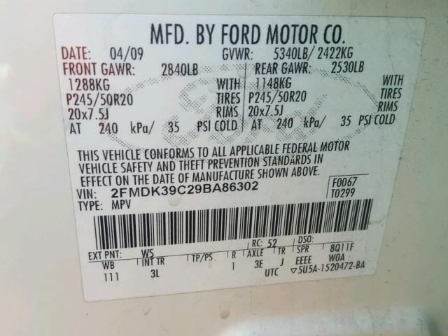 2FMDK39C29BA86302 - 2009 FORD EDGE LIMIT WHITE photo 10