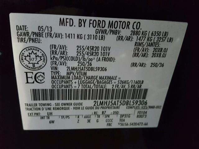 2LMHJ5AT5DBL59306 - 2013 LINCOLN MKT BLACK photo 10