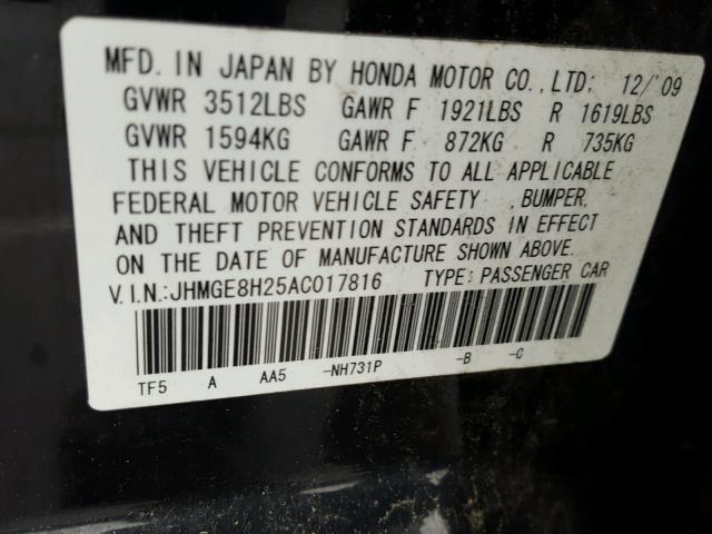 JHMGE8H25AC017816 - 2010 HONDA FIT შავი ფოტო 10