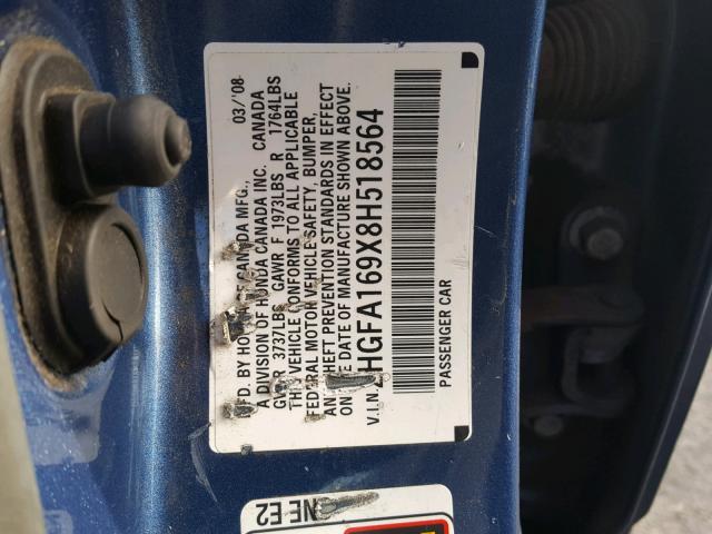 2HGFA169X8H518564 - 2008 HONDA CIVIC EXL 蓝色 照片 10