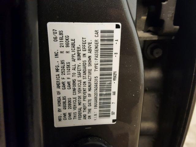 19UUA66207A046315 - 2007 ACURA TL GRAY photo 10