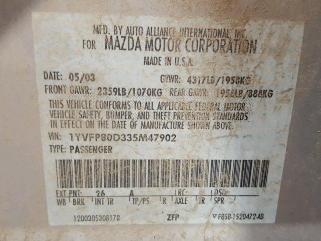 1YVFP80D335M47902 - 2003 MAZDA 6 S SILVER photo 10