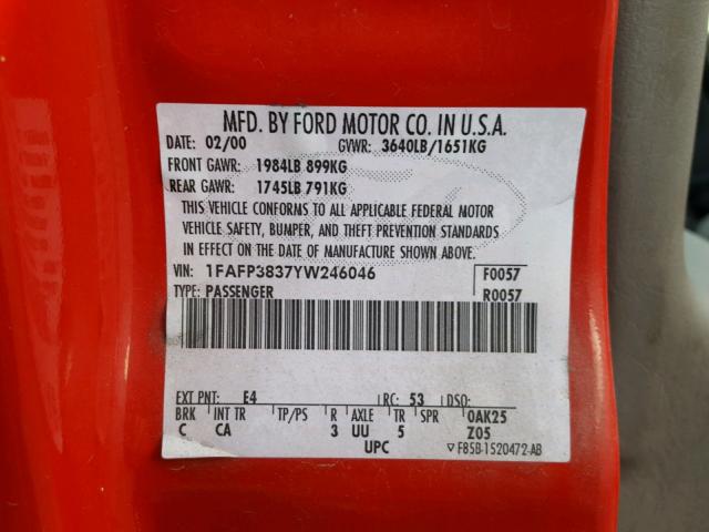 1FAFP3837YW246046 - 2000 FORD FOCUS ZTS RED photo 10