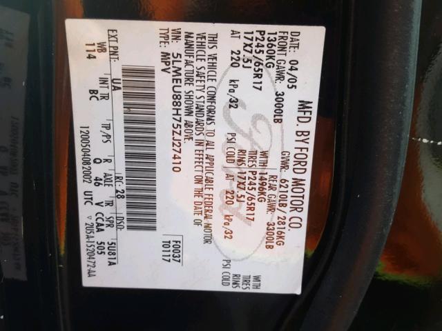 5LMEU88H75ZJ27410 - 2005 LINCOLN AVIATOR 黑色 照片 10