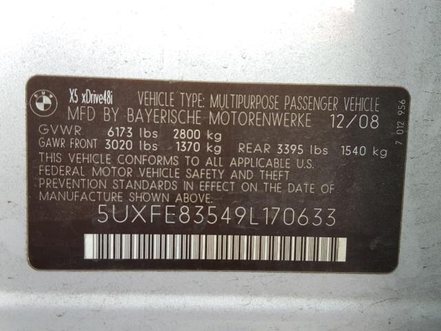 5UXFE83549L170633 - 2009 BMW X5 XDRIVE4 SILVER photo 10