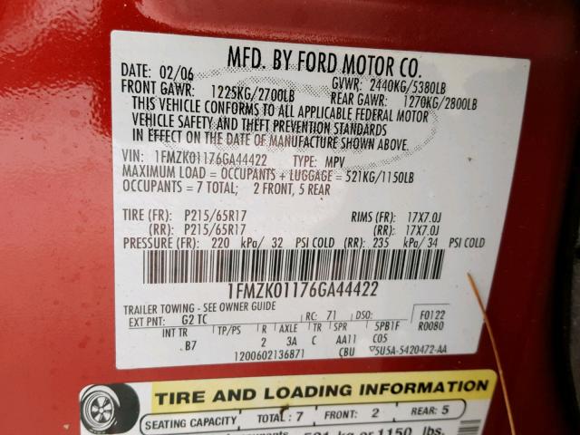 1FMZK01176GA44422 - 2006 FORD FREESTYLE RED photo 10