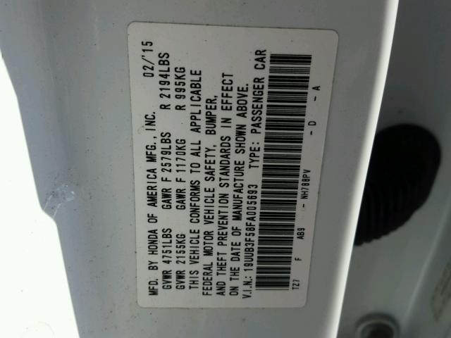 19UUB3F58FA005693 - 2015 ACURA TLX TECH WHITE photo 10