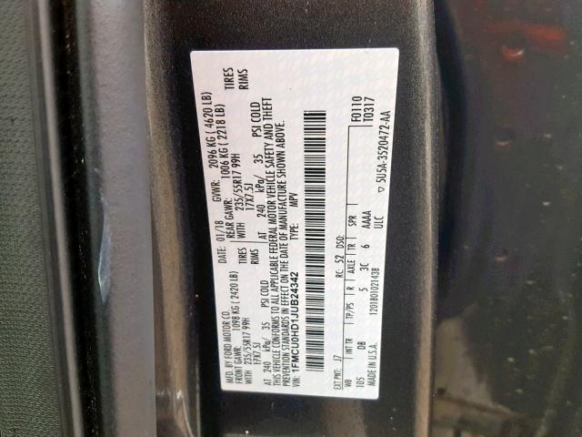 1FMCU0HD1JUB24342 - 2018 FORD ESCAPE SEL GRAY photo 10