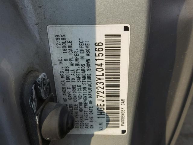 1HGEJ7223YL041566 - 2000 HONDA CIVIC HX SILVER photo 10