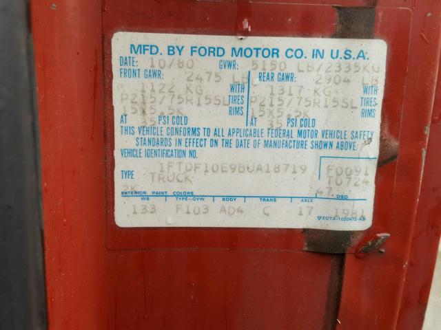 1FTDF10E9BUA18719 - 1981 FORD F100 RED photo 10