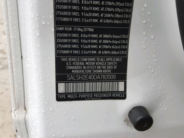 SALSH2E40DA782009 - 2013 LAND ROVER RANGE ROVE WHITE photo 10