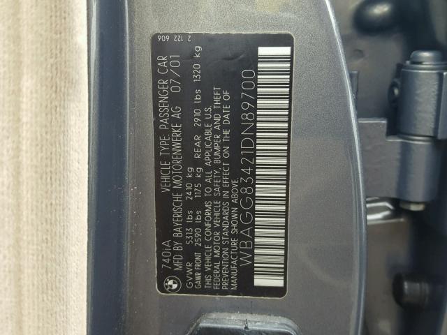 WBAGG83421DN89700 - 2001 BMW 740 I AUTO BLUE photo 10