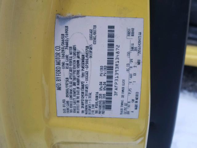 3FAFP31393R134872 - 2003 FORD FOCUS ZX3 YELLOW photo 10