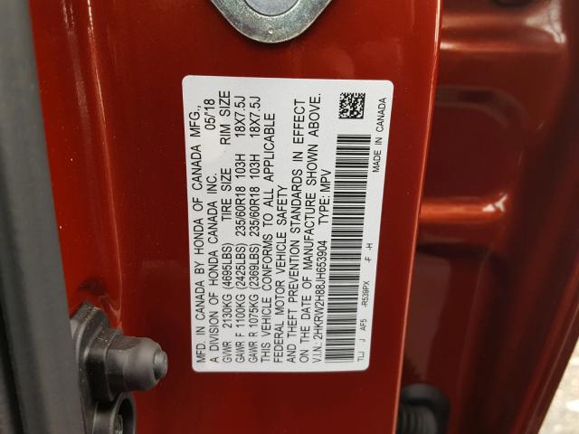 2HKRW2H88JH653904 - 2018 HONDA CR-V EXL ORANGE photo 10