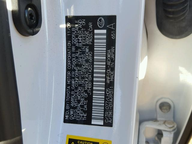 JTHBB1BA1A2016890 - 2010 LEXUS HS 250H WHITE photo 10