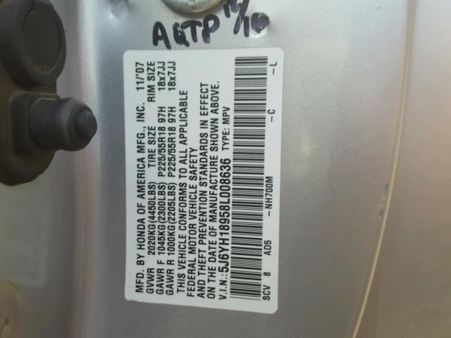 5J6YH18958L008636 - 2008 HONDA ELEMENT SC SILVER photo 10