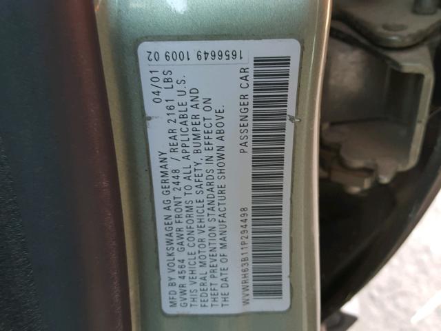 WVWRH63B11P294498 - 2001 VOLKSWAGEN PASSAT GLX 绿色 照片 10