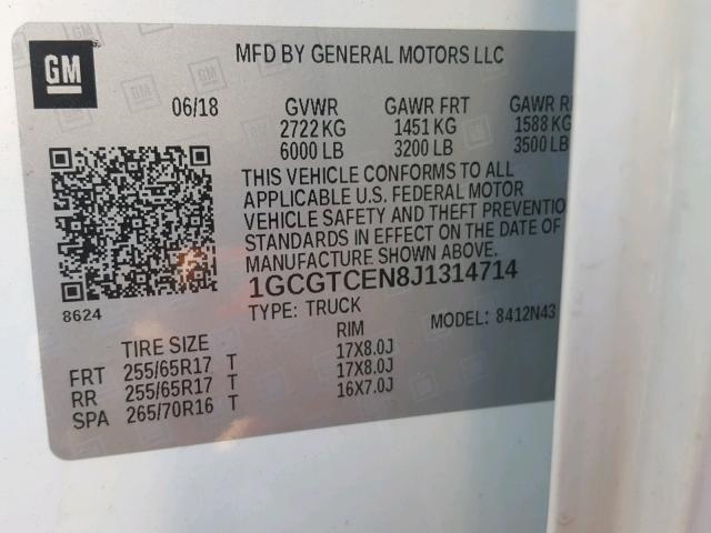 1GCGTCEN8J1314714 - 2018 CHEVROLET COLORADO L WHITE photo 10