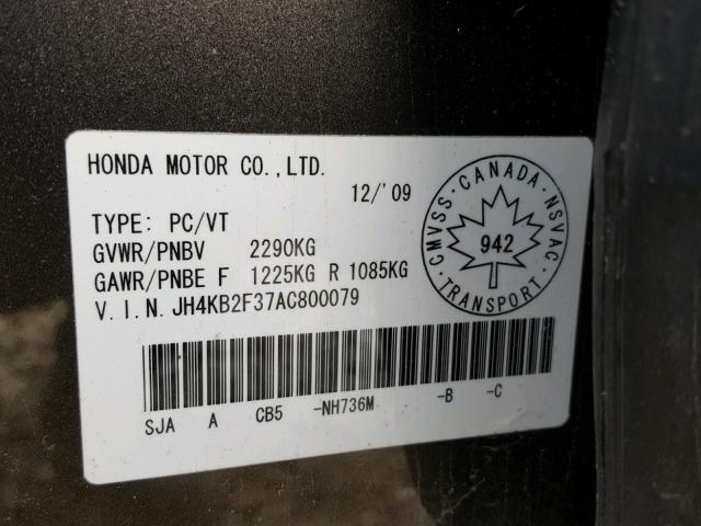 JH4KB2F37AC800079 - 2010 ACURA RL ნაცრისფერი ფოტო 10